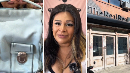 marc jacobs bag (l) woman shares purchase issue (c) The Real Real storefront (r)