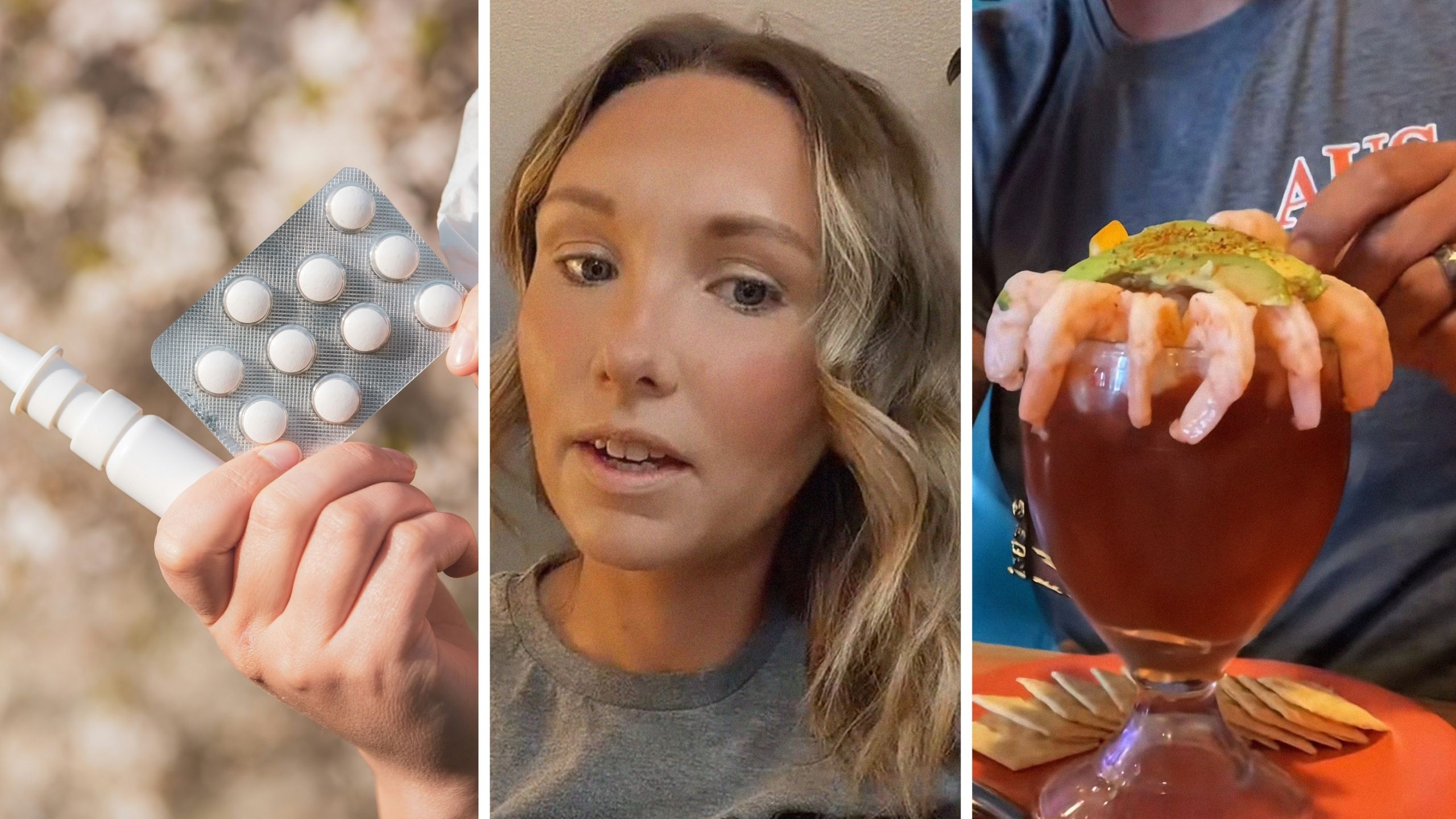 allergy kit (l) woman shares deathly allergy (c) womans partner eating shrimp cocktail (r)