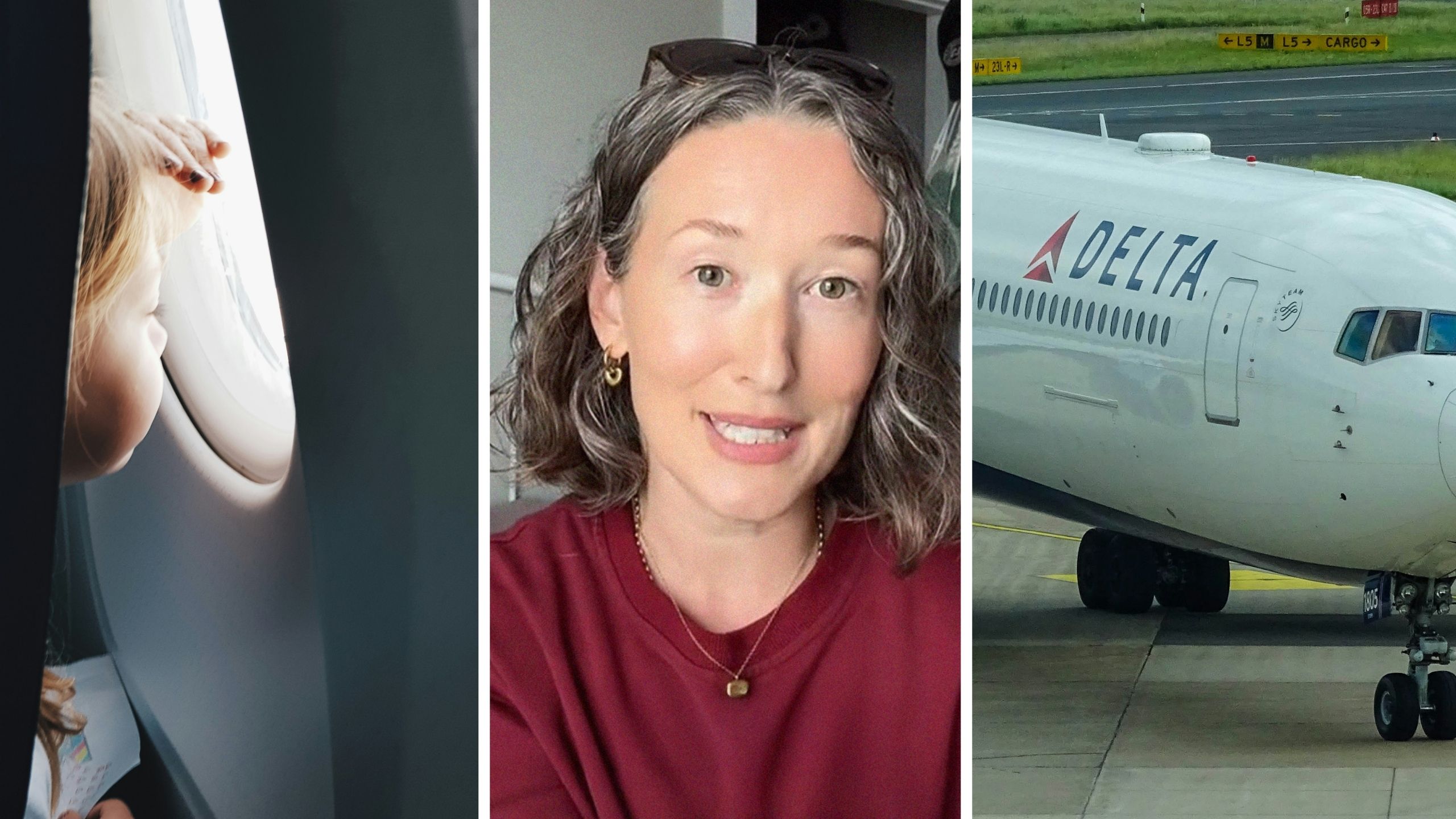 little girl in flight (l) woman shares airline issue (c) Delta airlines (r)