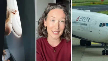 little girl in flight (l) woman shares airline issue (c) Delta airlines (r)