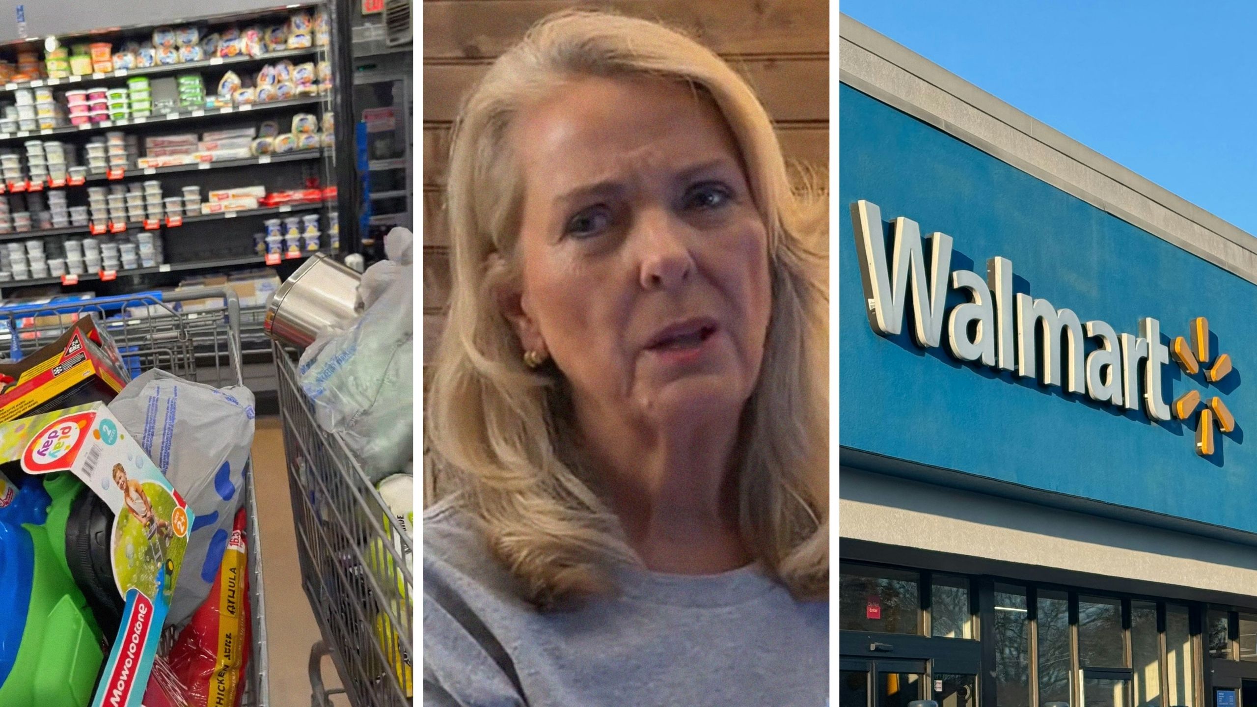 grocery order (l) woman shares walmart experience (c) walmart storefront (r)