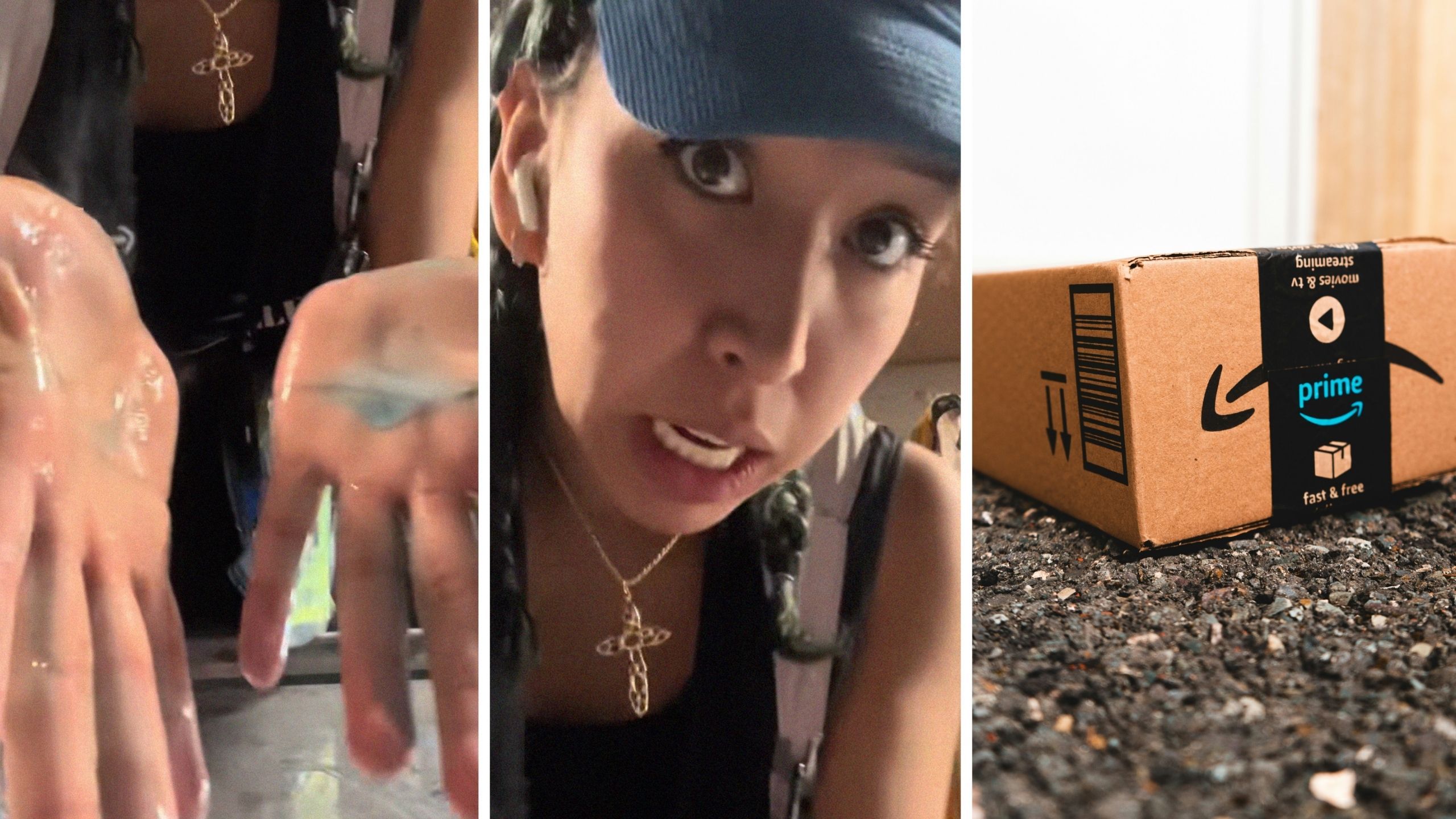 sticky hands (l) woman shares delivery issue (c) Amazon package (r)