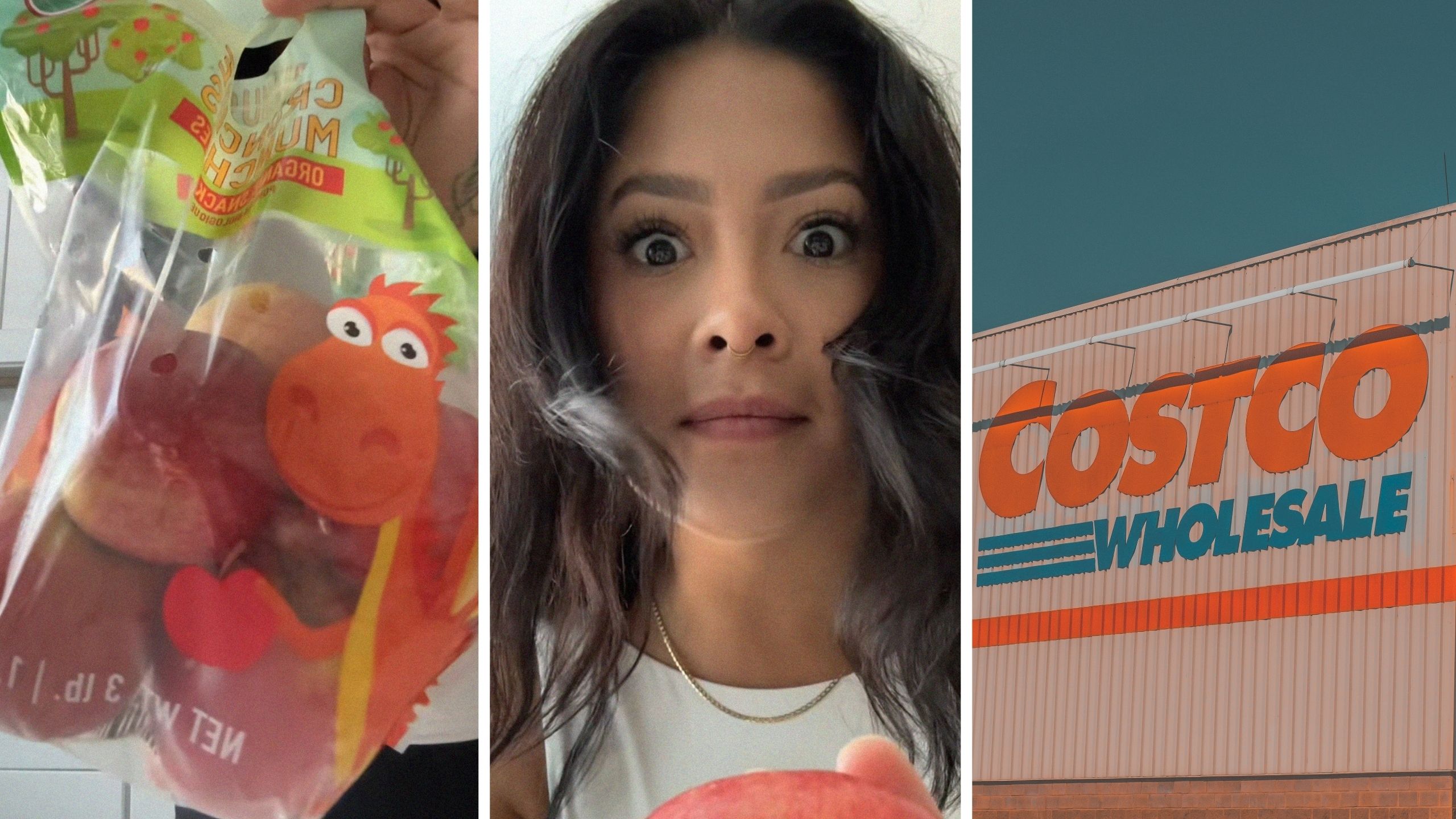 bag of apples (l) woman shares costco issue (c) Costco storefront (r)