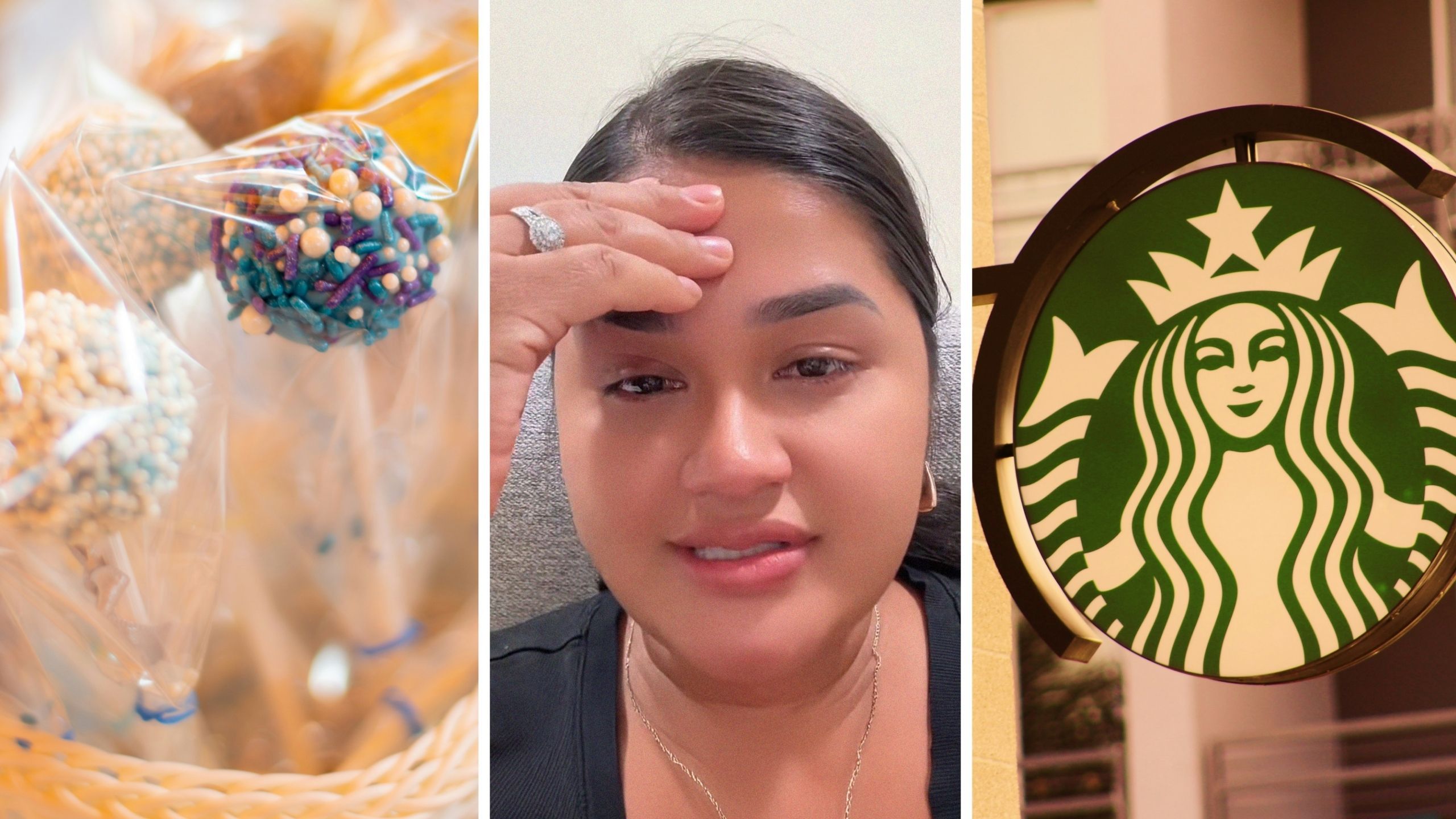 cake pops (l) woman shares why she got fired from starbucks (c) Starbucks coffee shop (r)