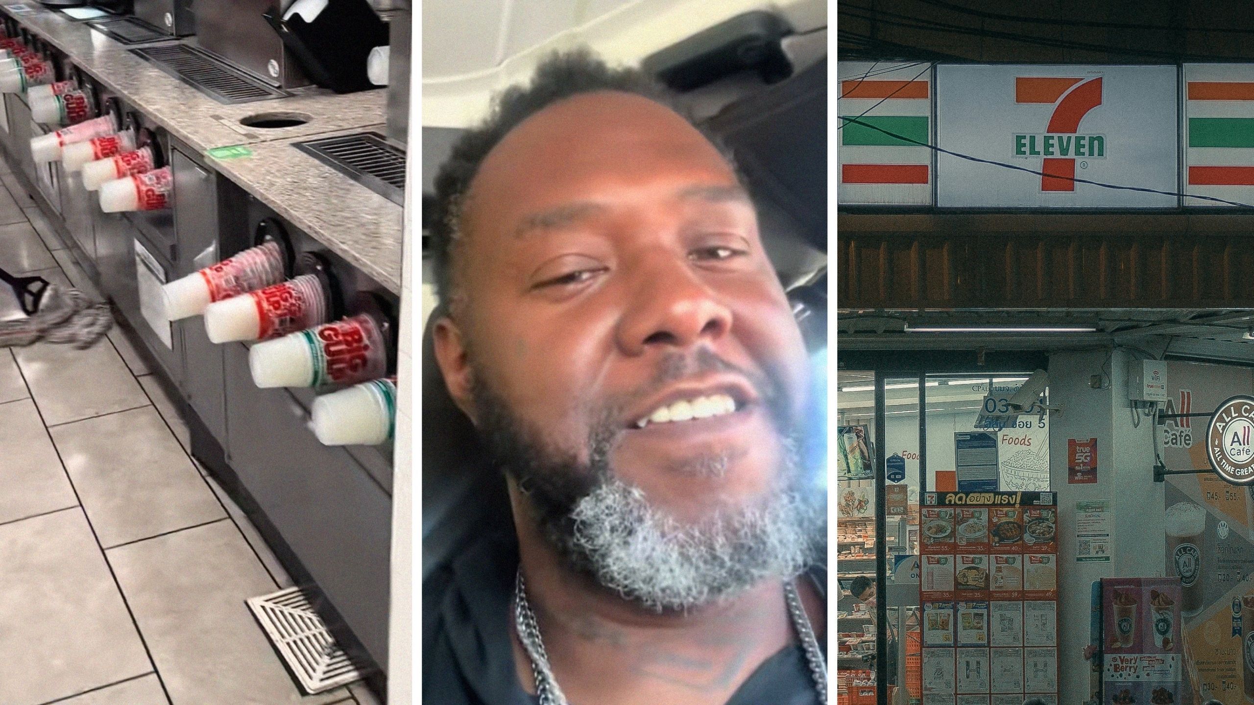 Big Gulp cups (l) man shares 7-Eleven observation (c) 7-Eleven storefront (r)