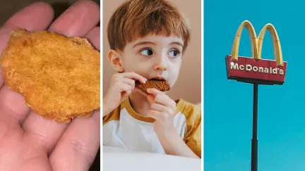 chicken nugget (l) boy eating nuggets (c) McDonalds entrance (r)
