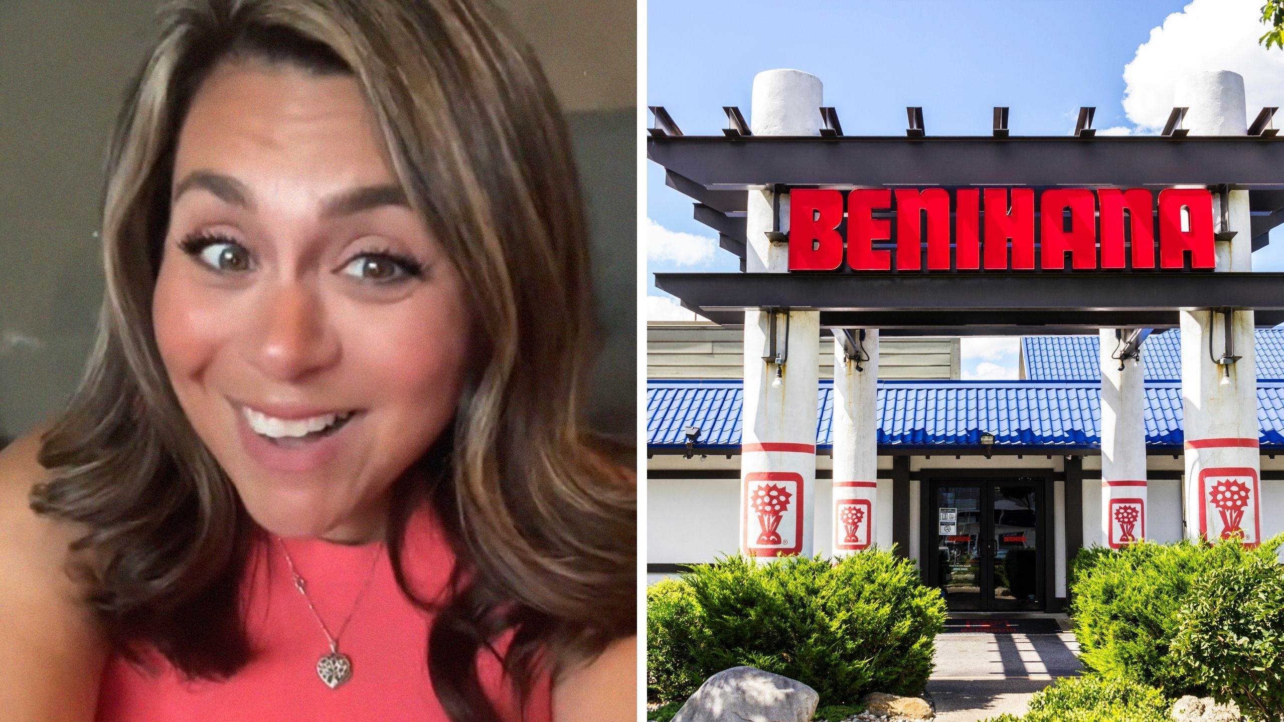 woman shares family dining night out drama (l) Benihana restaurant entrance (r)