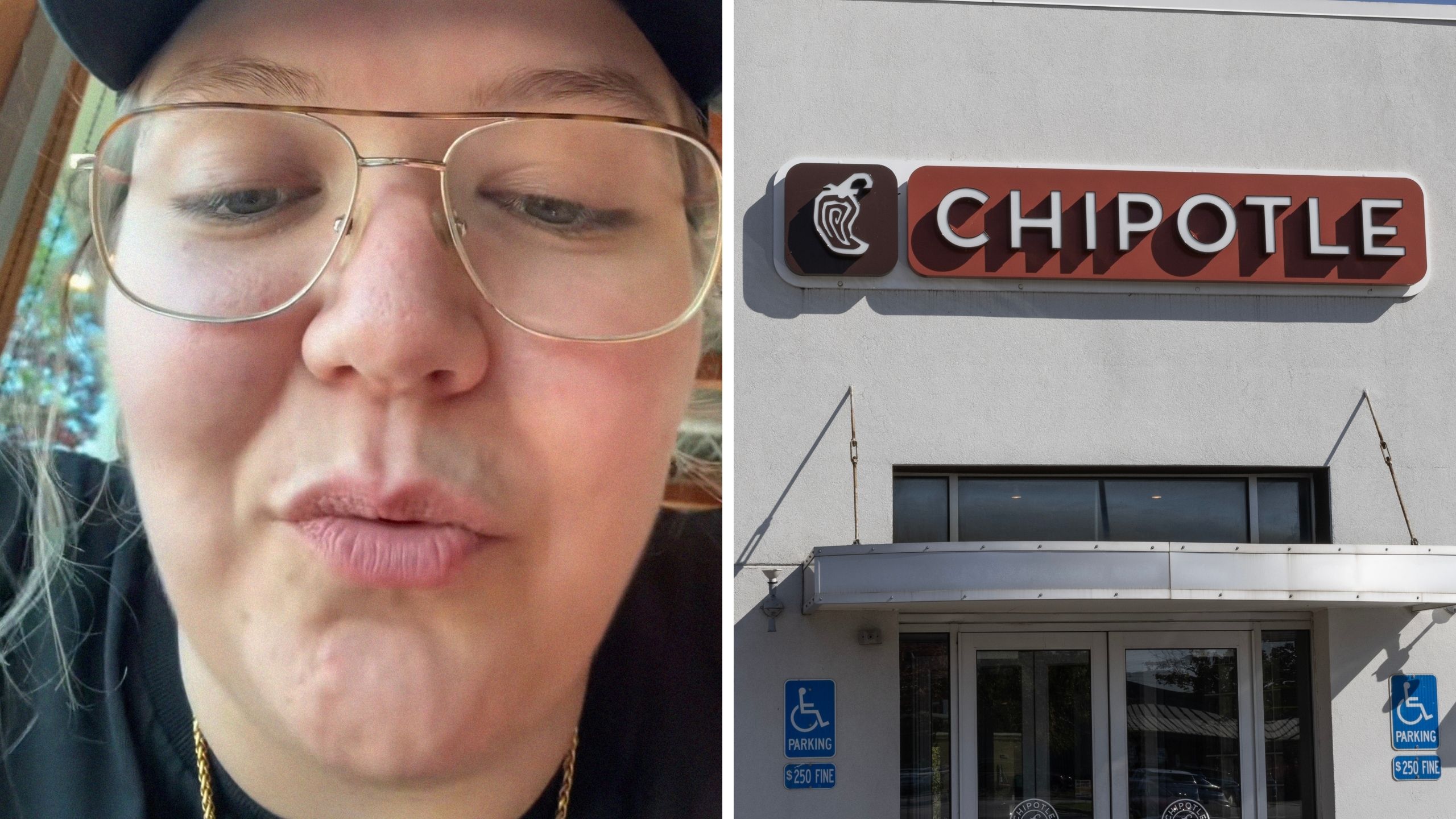 woman shares Chipotle secret (l) Chipotle entrance (r)