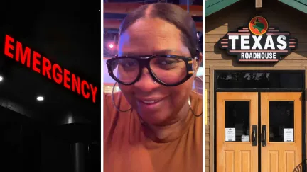 Emergency room (l) woman shares Texas roadhouse experience (c) Texas roadhouse entrance (r)