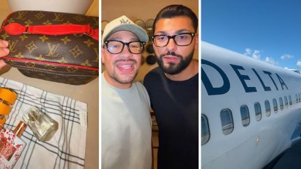 Louis Vuitton bag (l) en shares airlines bag loss issue (c) Delta airlines (r)