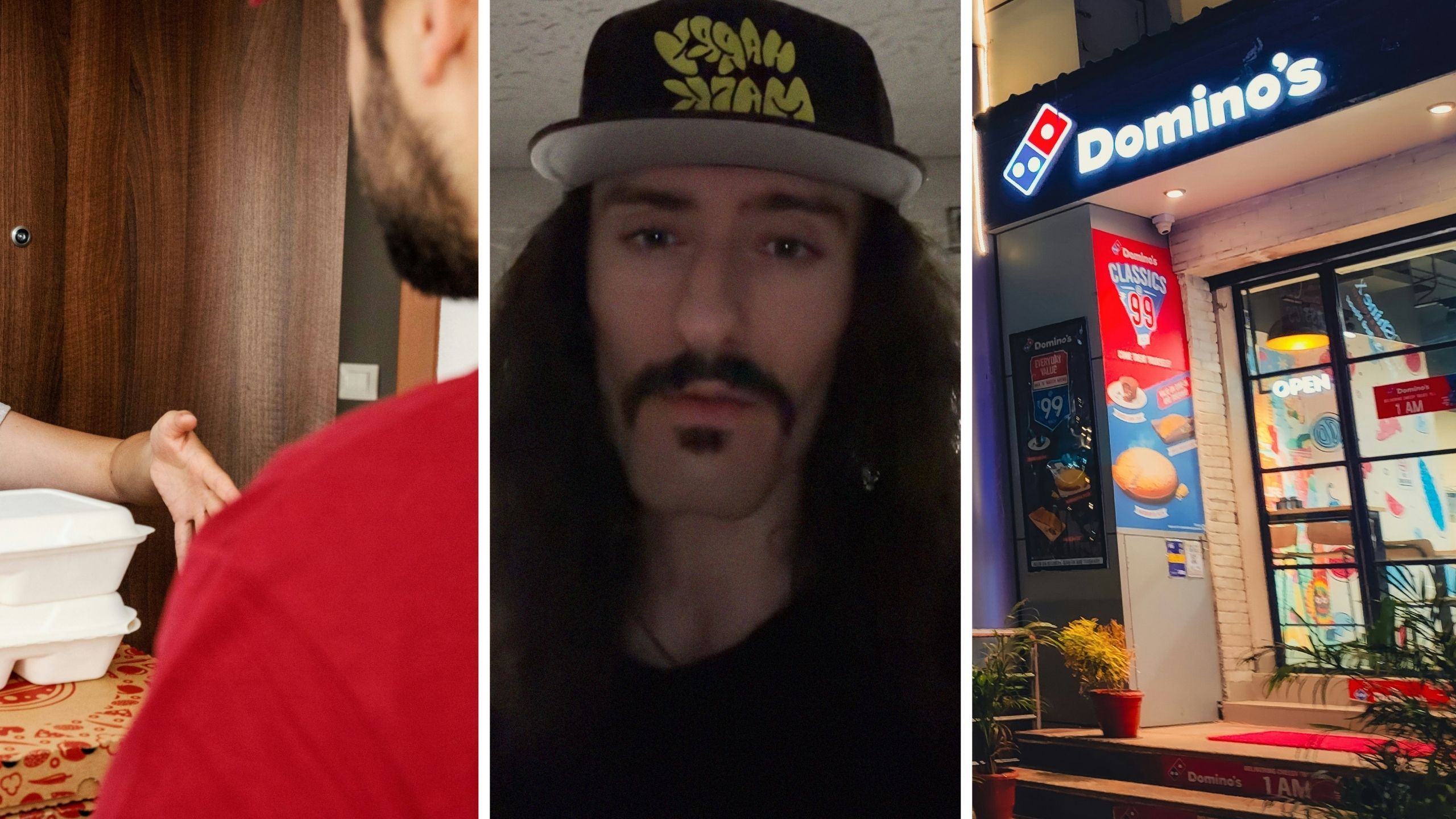 pizza delivery man (l) man shares Dominos work experience (c) Dominos pizza entrance (r)