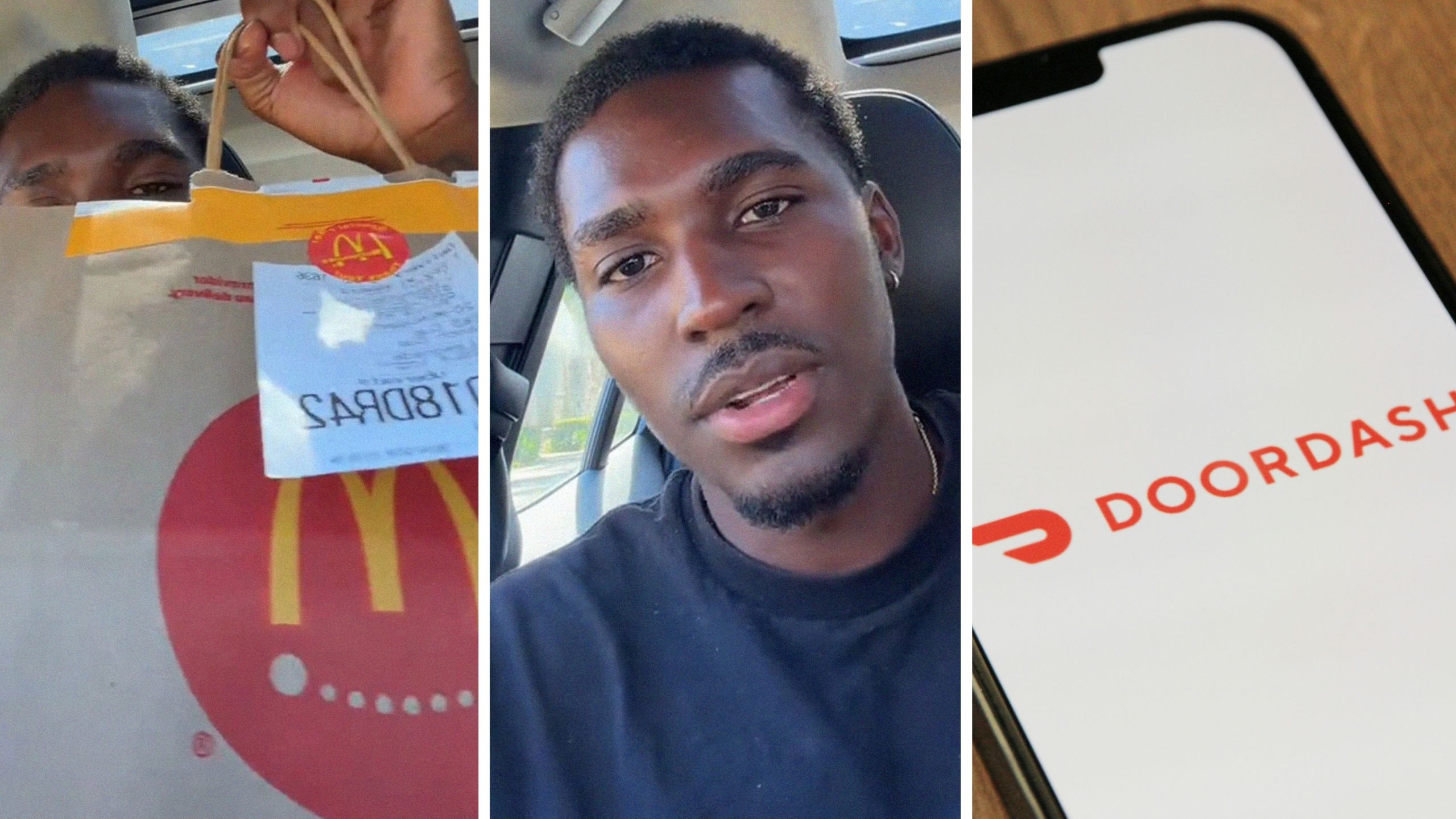 McDonalds food order (l) man shares experience as a doordasher (c) Doordash app (r)
