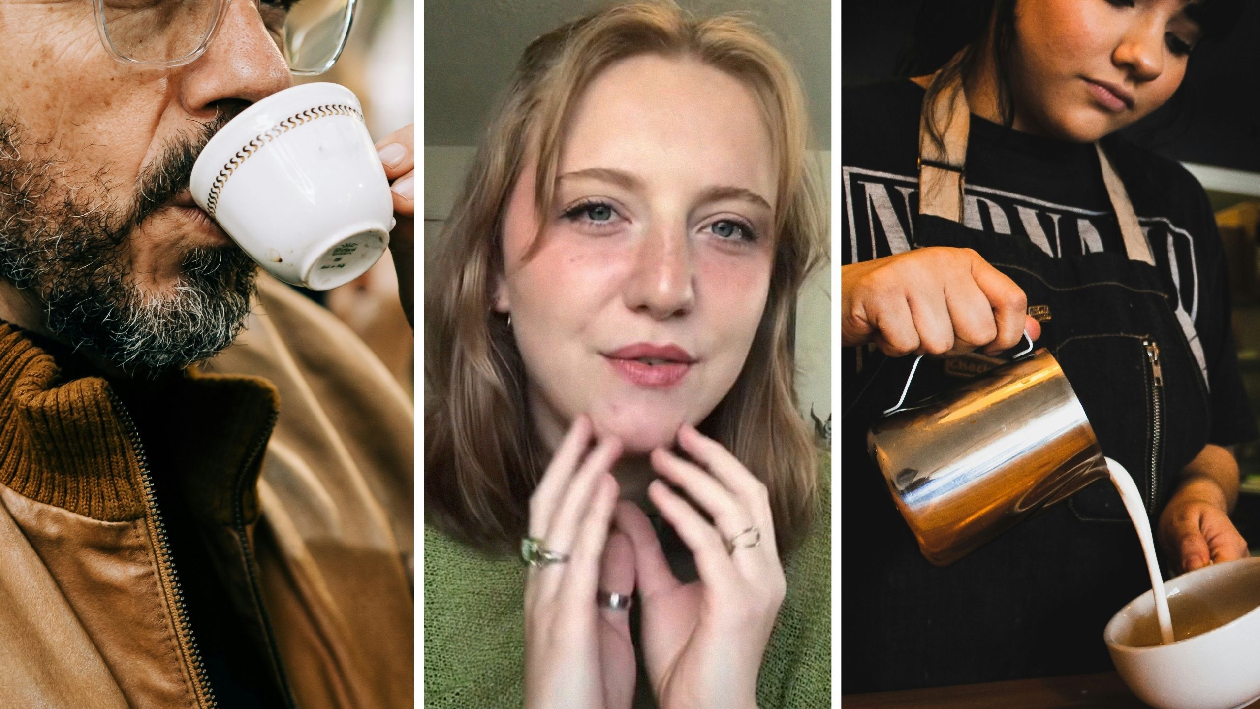 bearded man having coffee (l) woman shares job experience (c) female barista at work (r)