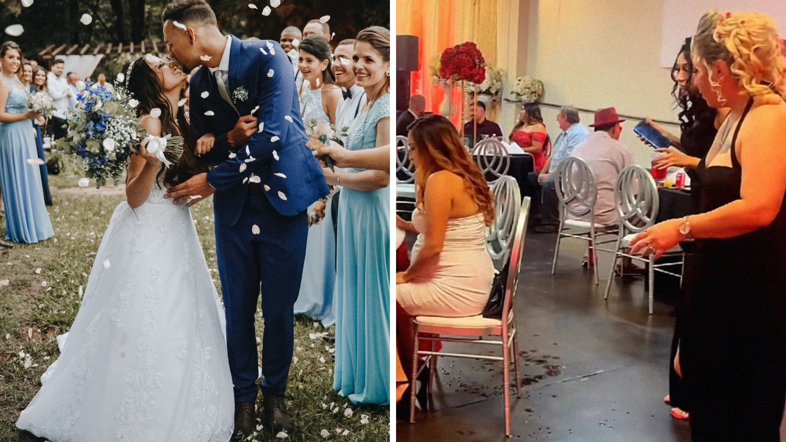 newly weds (l) wedding guest wearing white (r)