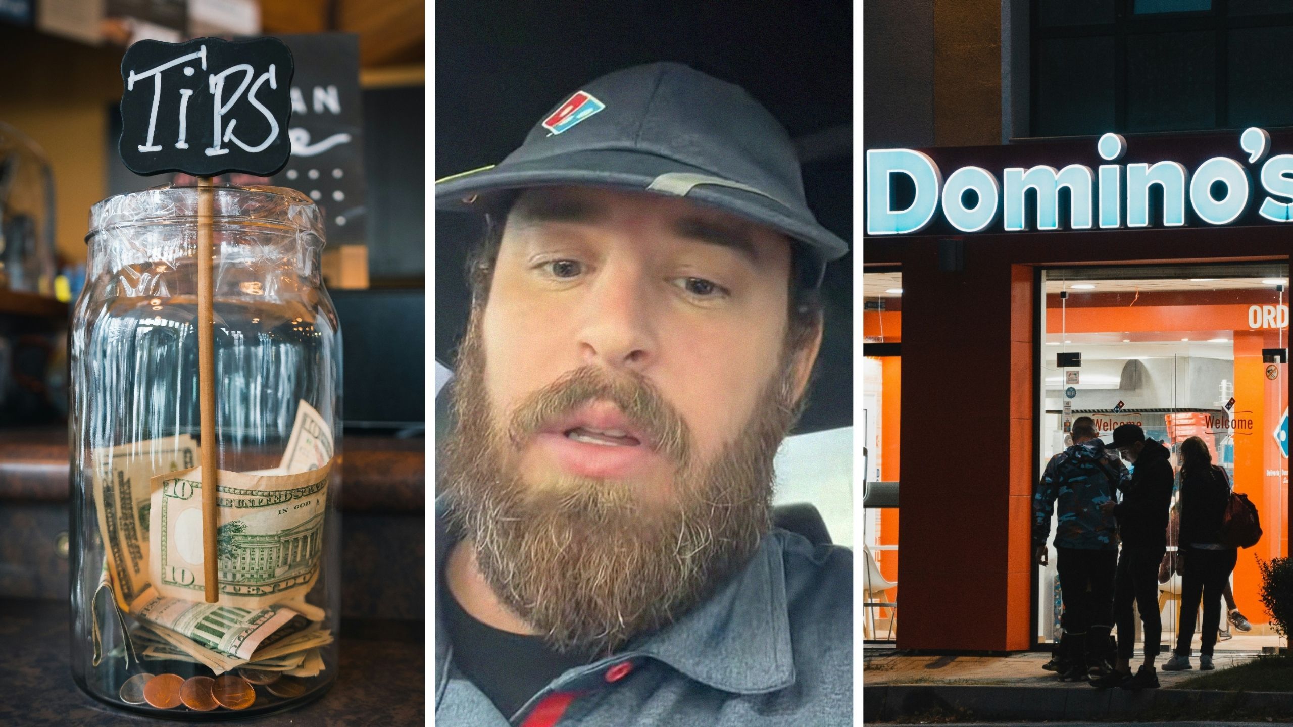 tip jar (l) man shares delivery experience (c) Dmoino's pizza entrance (r)
