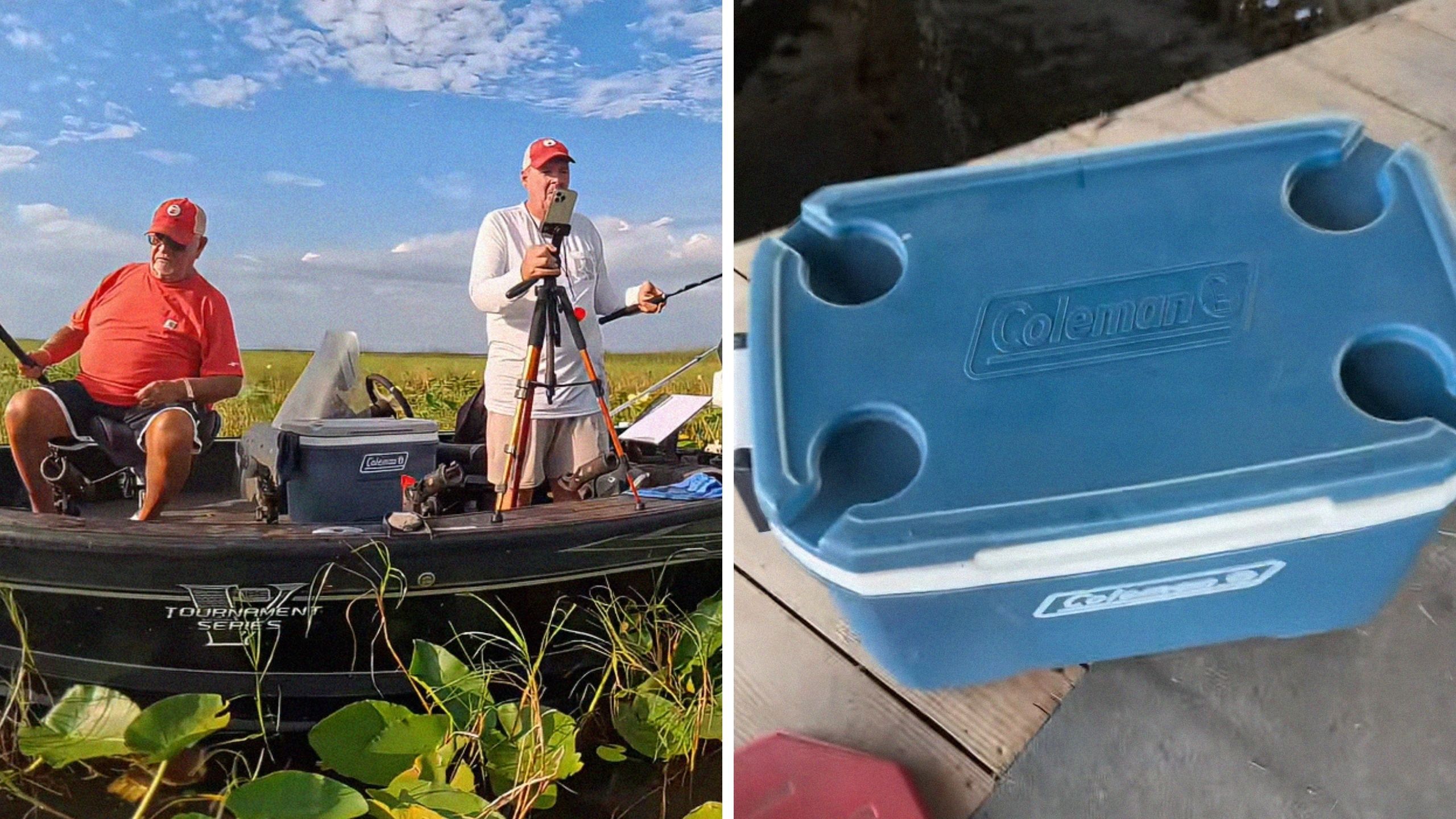 men go out fishing (l) Coleman cooler (r)