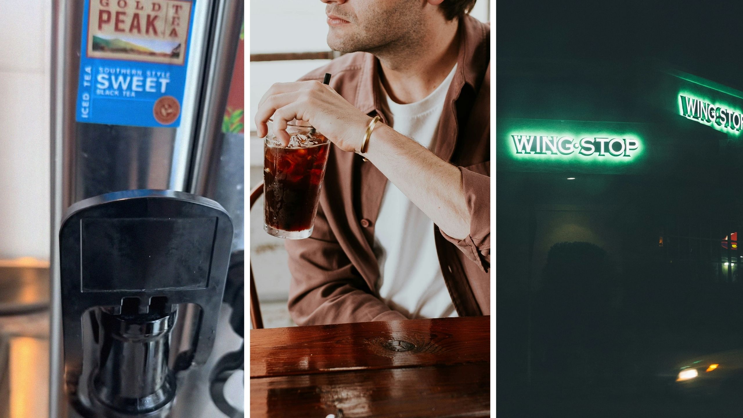 Gold Peak sweet tea drink machine (l) man having sweet tea (c) Wingstop entrance (r)