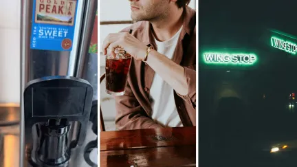 Gold Peak sweet tea drink machine (l) man having sweet tea (c) Wingstop entrance (r)