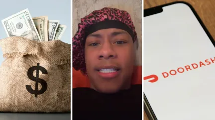 bag of cash (l) man shares doordash experience (c) doordash app (r)