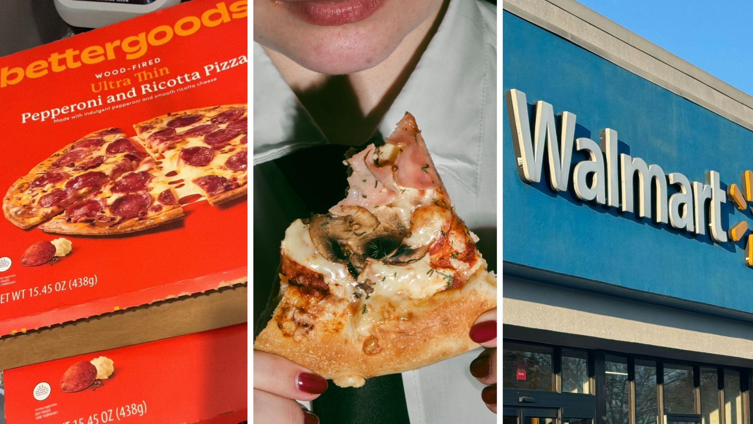 Bettergoods frozen pizza (l) woman eating pizza (c) Walmart storefront (r)