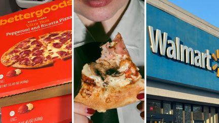 Bettergoods frozen pizza (l) woman eating pizza (c) Walmart storefront (r)