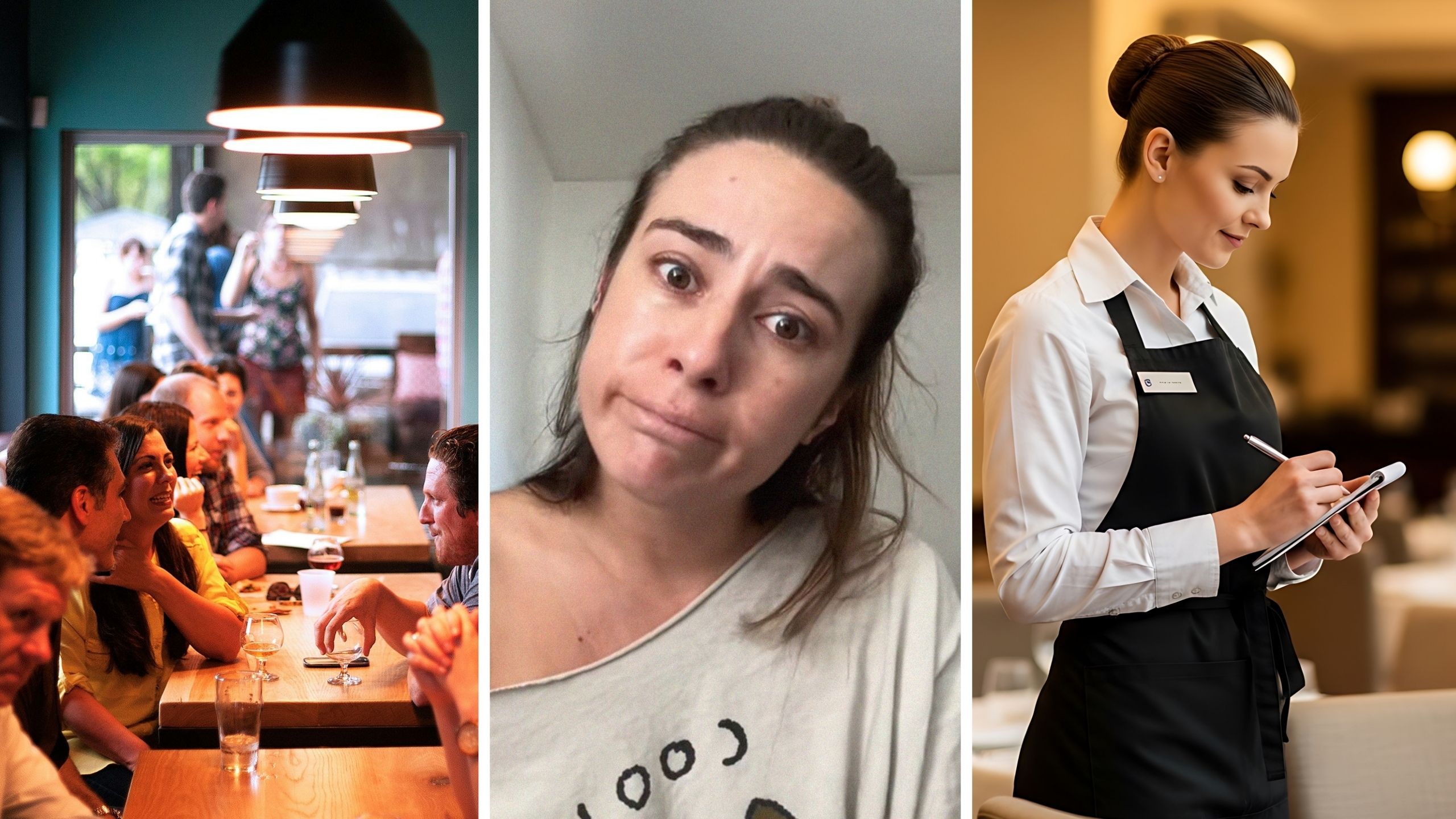 busy restaurant (l) woman shares job experience (c) woman attending to customers (r)