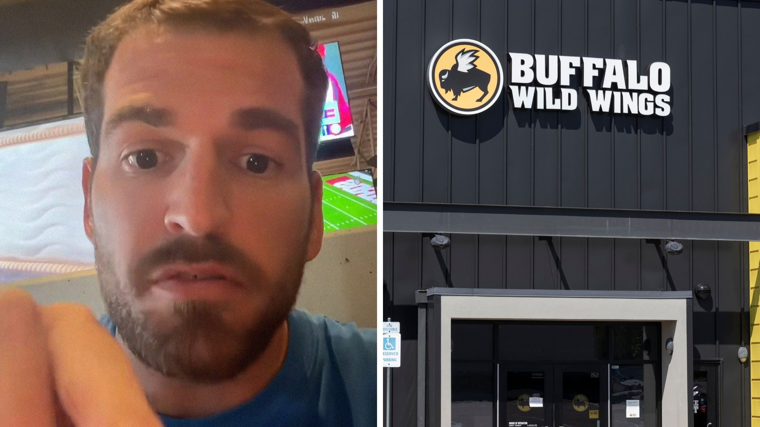 man shares restaurant experience (l) Buffalo Wild Wings entrance (r)