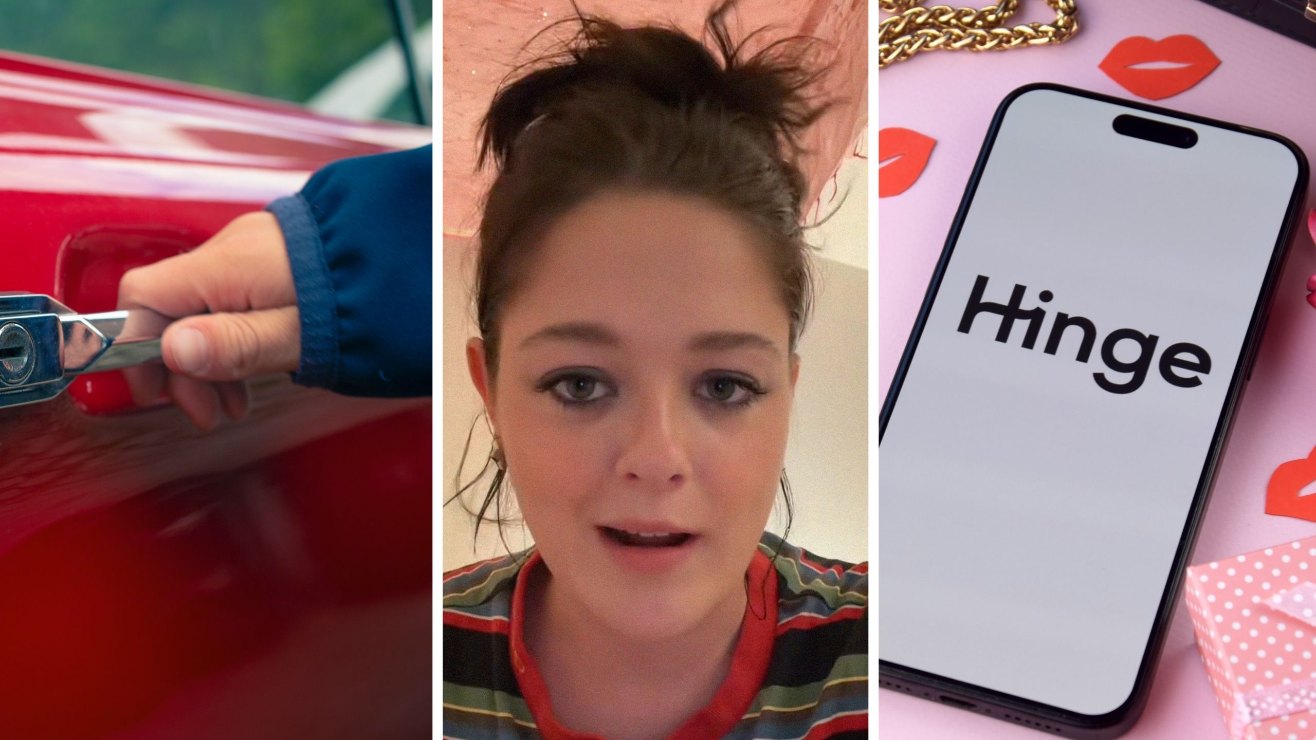 woman about to get into car (l) woman shares hinge dating experience (c) Hinge dating app (r)