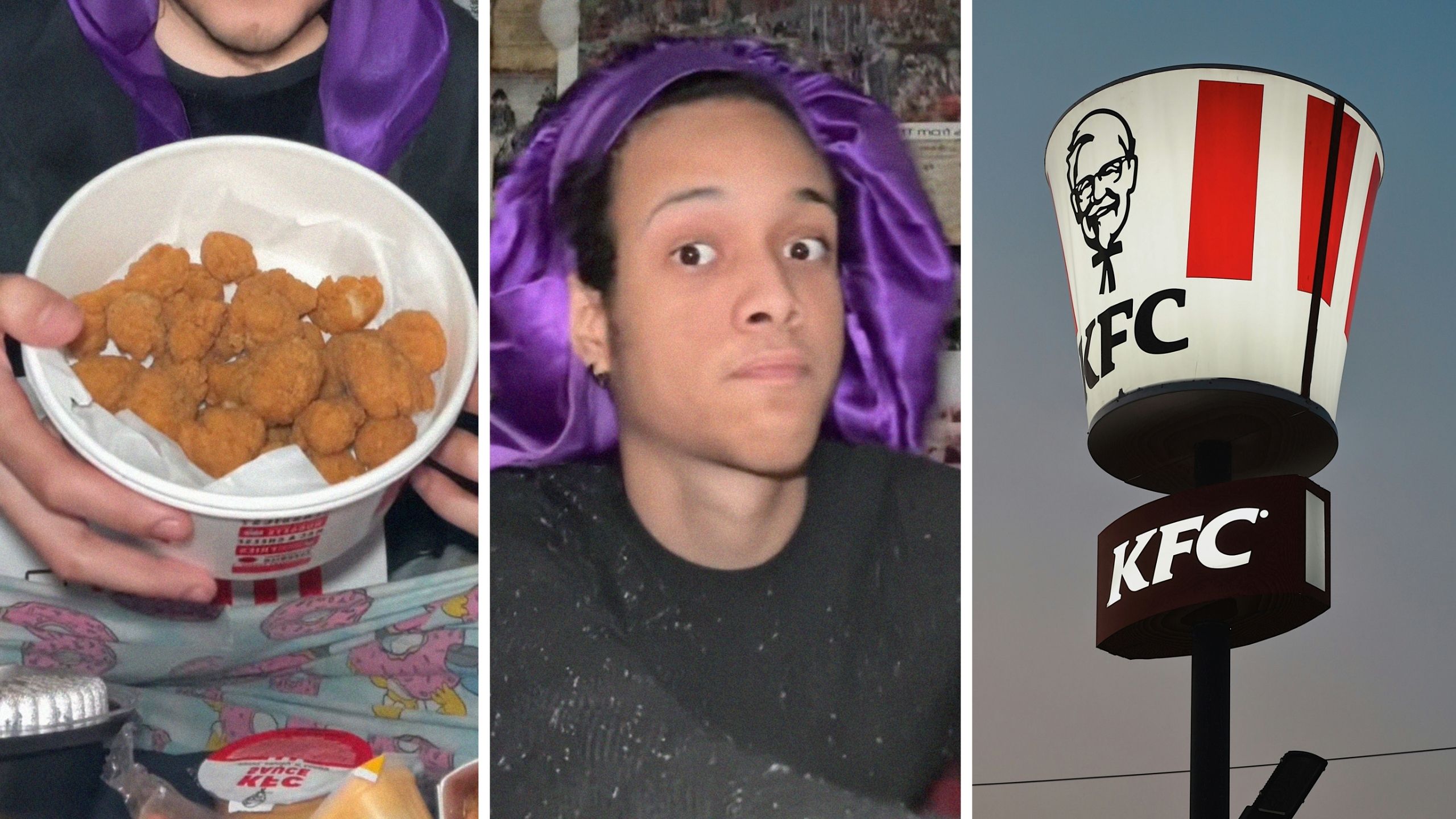 popcorn chicken bucket (l) man shares food order issue (c) KFC fast food (r)