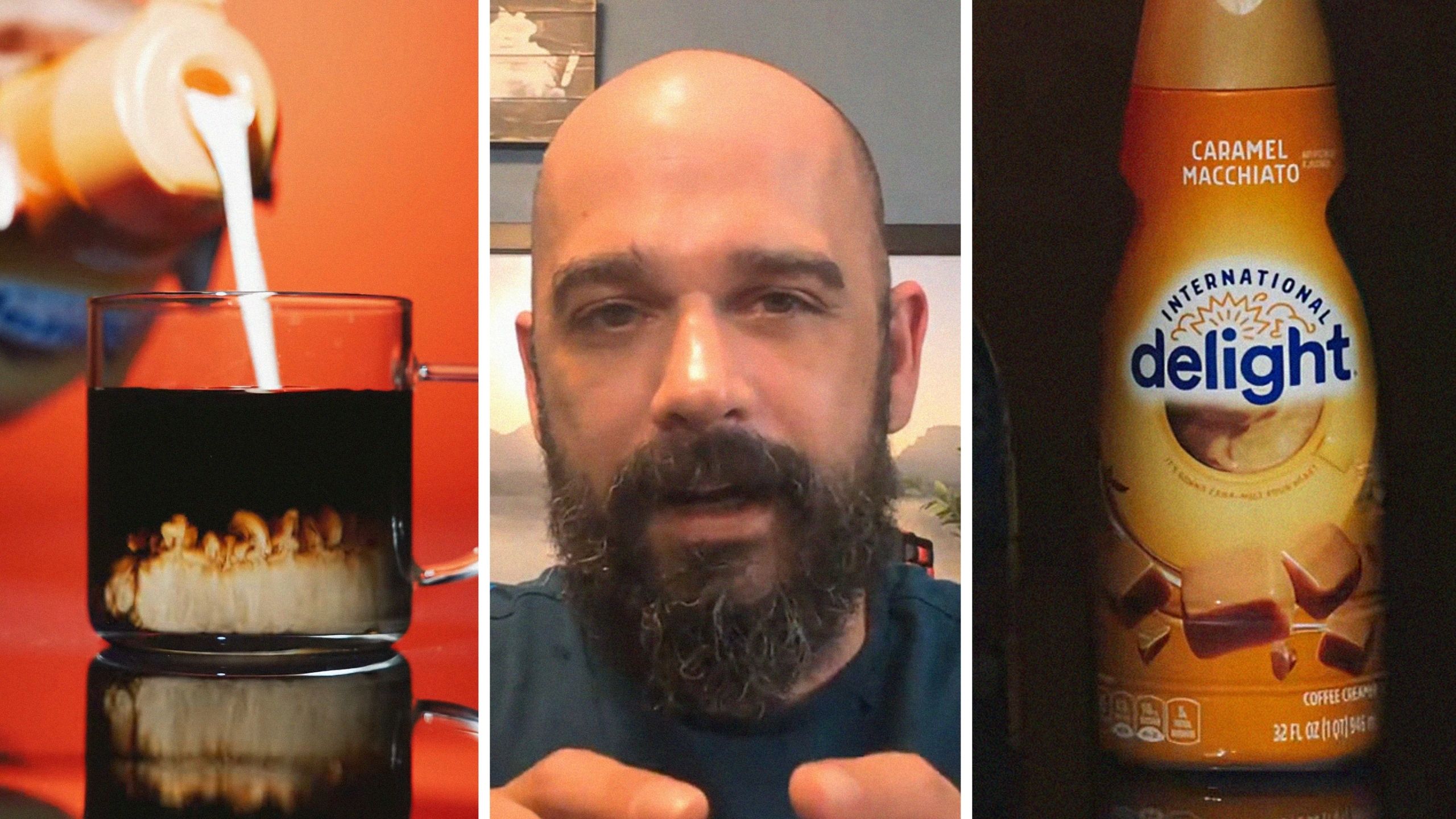 adding creamer to coffee (l) man shares creamer issue (c) International Delight creamer (r)