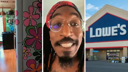 floral refrigerator (l) man shares Lowe's issue (c) Lowe's storefront (r)