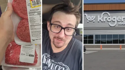 ground beef (l) man shares Kroger encounter (c) Kroger storefront (r)
