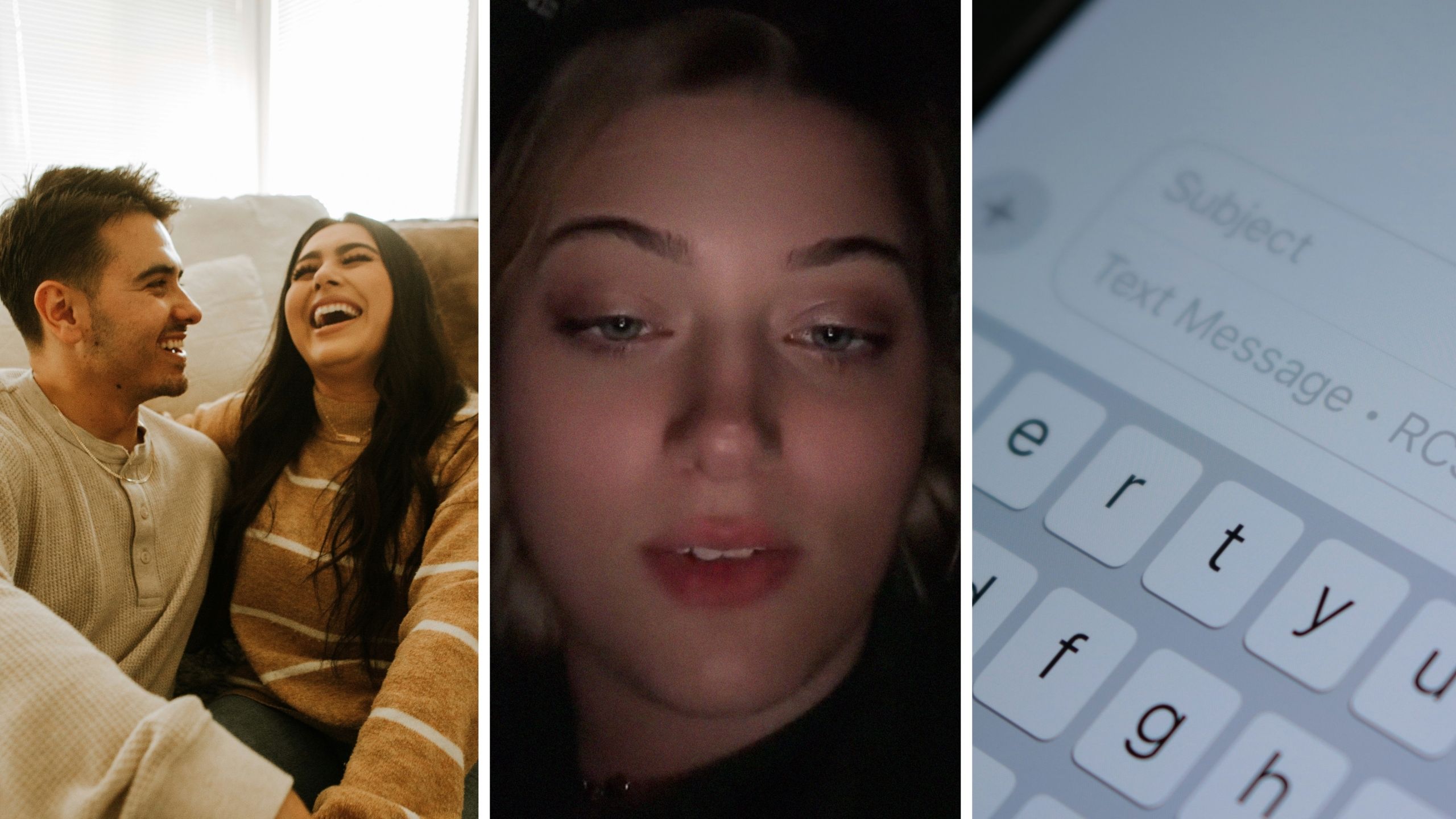 Living room date (l) woman shares dating experience (c) no message response (r)