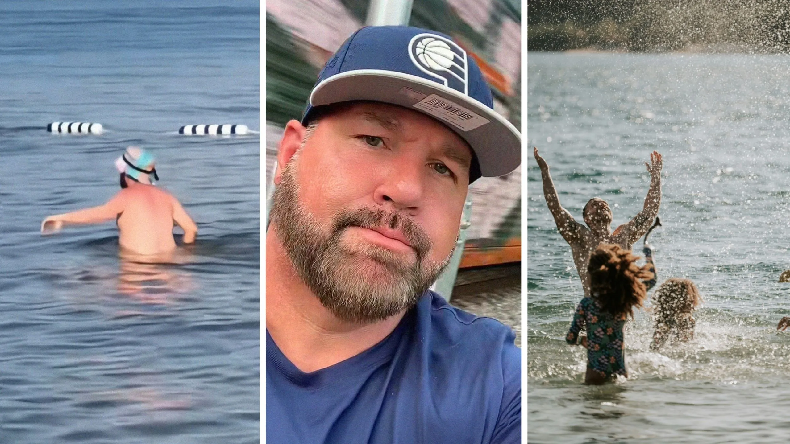 cruel man inside lake (l) man shares lake experience (c) kids swimming in the lake (r)