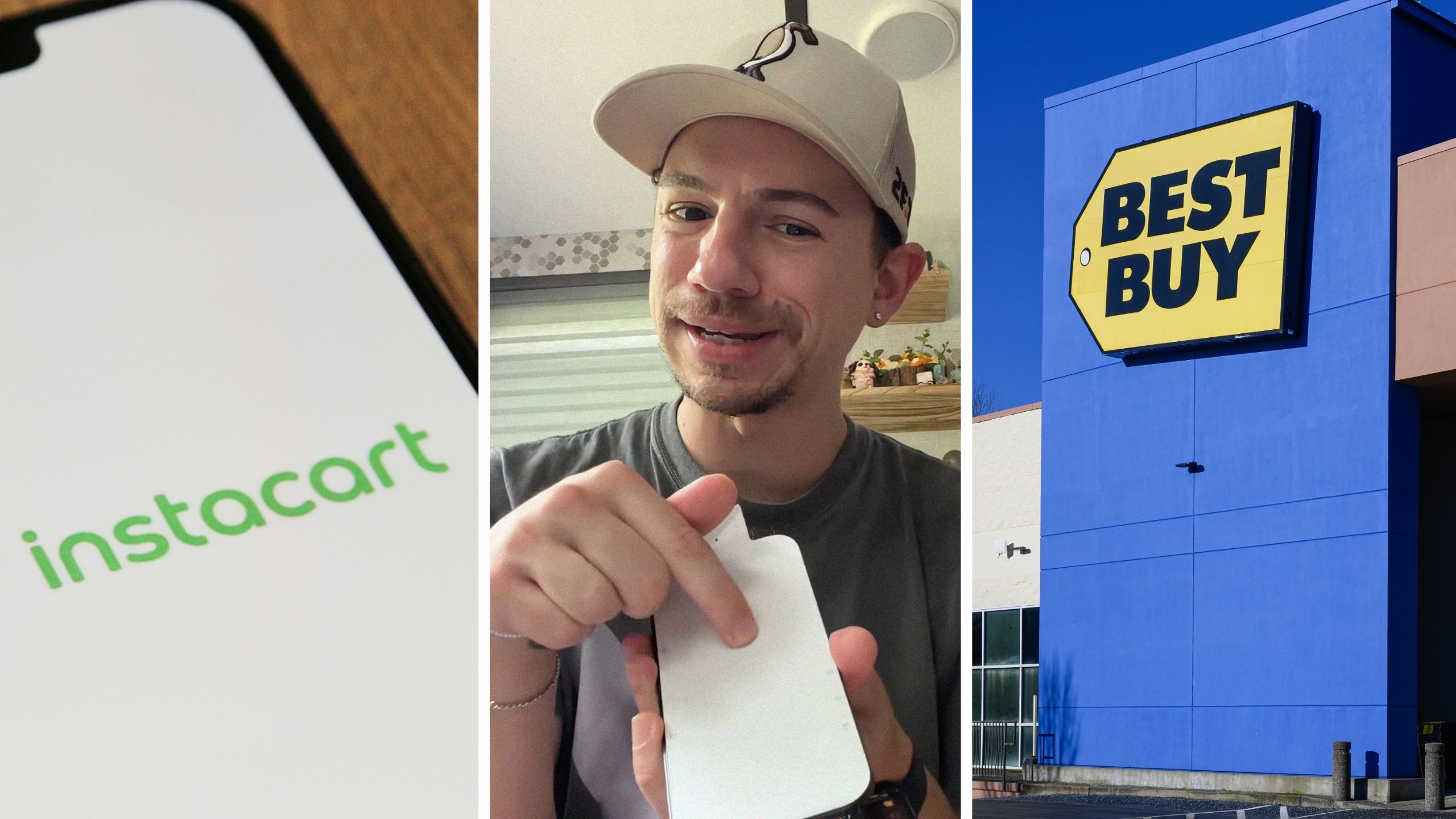 Instacart app (l) man shares phone purchase issue (c) Best Buy storefront (r)