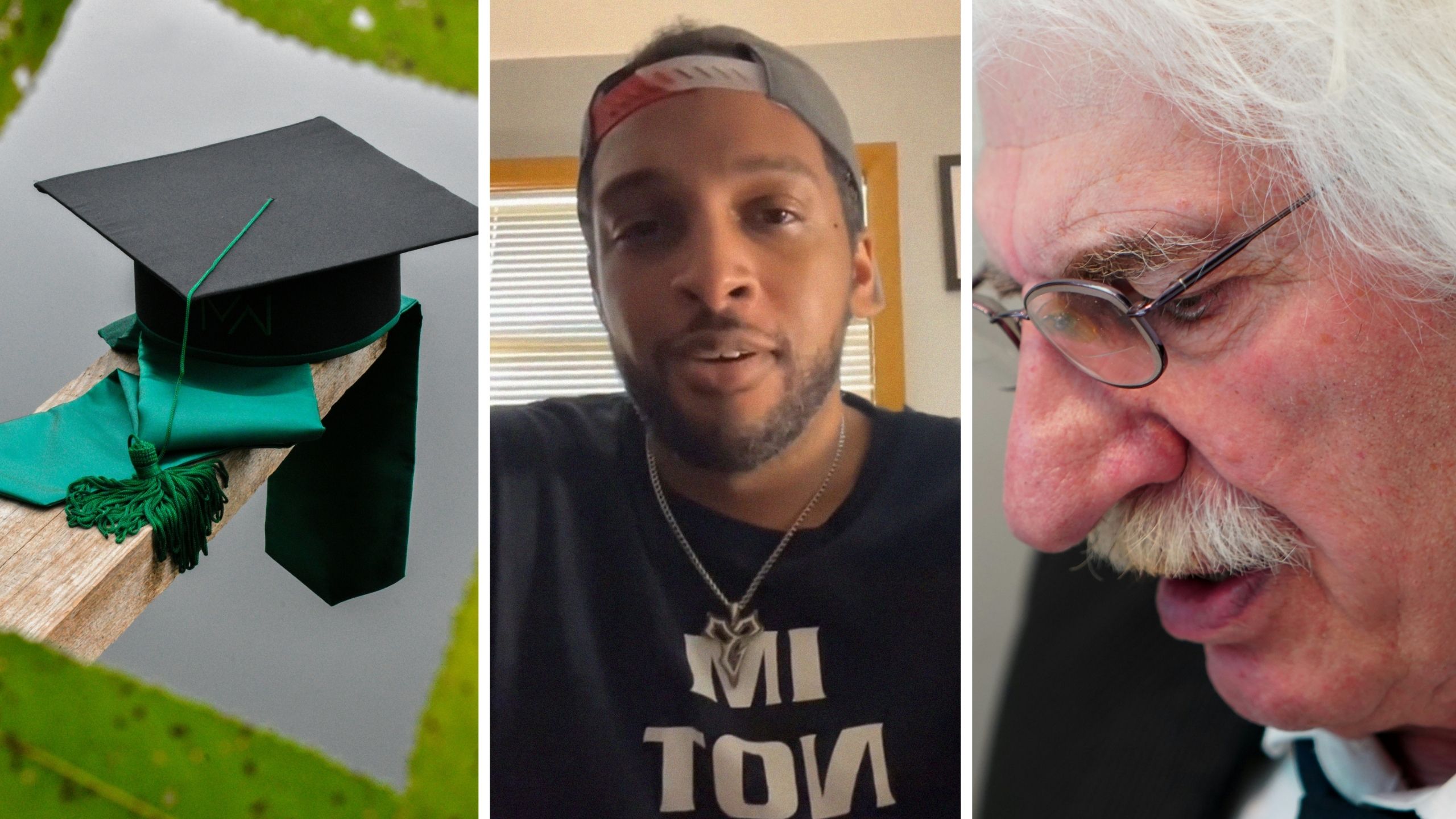 Graduate attire (l) man shares revenge story (c) grumpy professor (r)