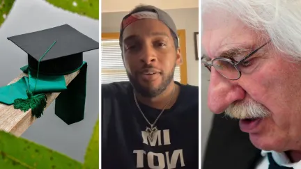 Graduate attire (l) man shares revenge story (c) grumpy professor (r)