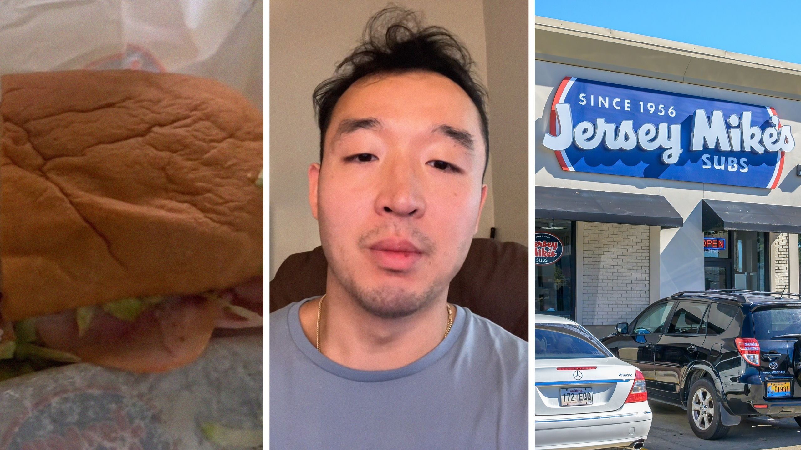 Jersey Mike's Sub (l) man shares Sub purchase observation (c) Jersey Mike's Sub entrance (r)