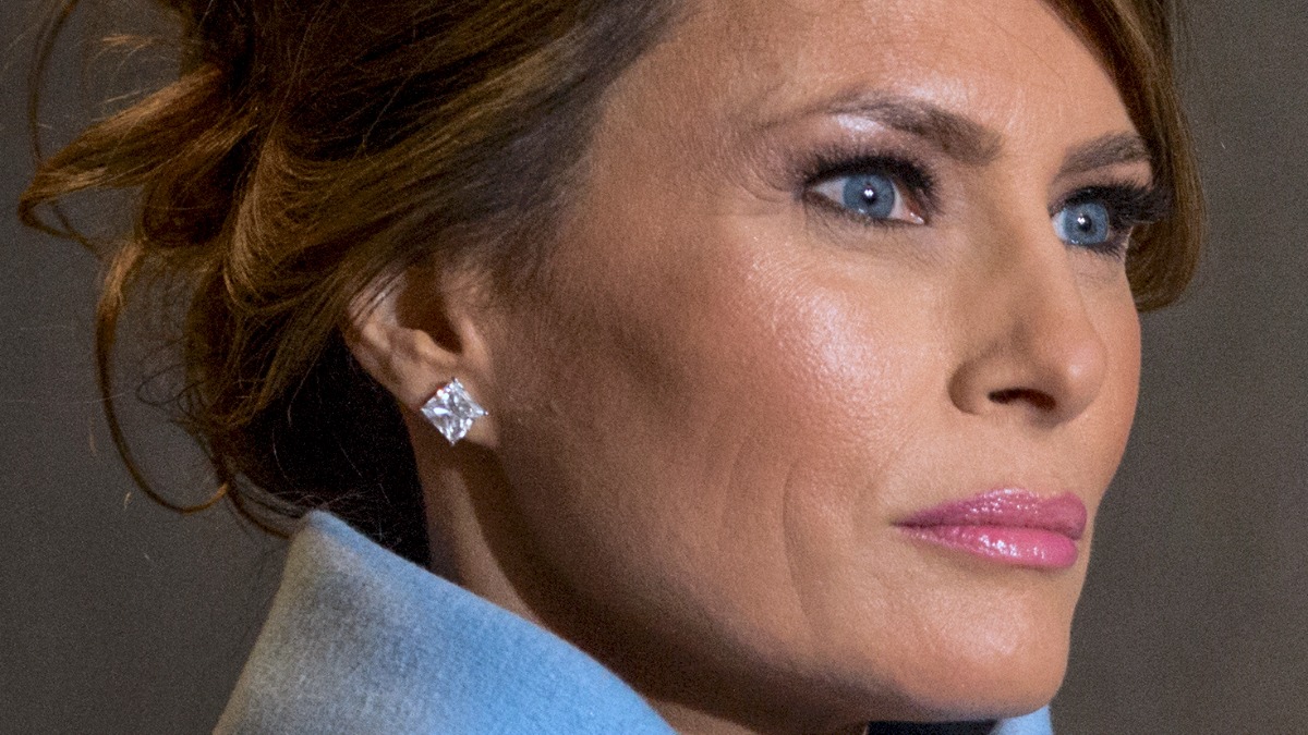 A close-up photo of Melania Trump wearing baby blue