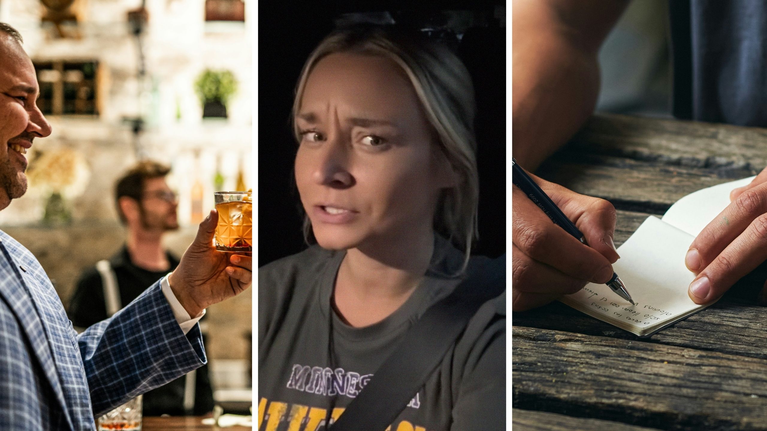 man orders old fashioned on a date (l) bartender shares a day in the job (c) man writes note on receipt (r)
