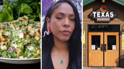 green salad (l) woman shares Texas roadhouse experience (c) Texas roadhouse entrance (r)