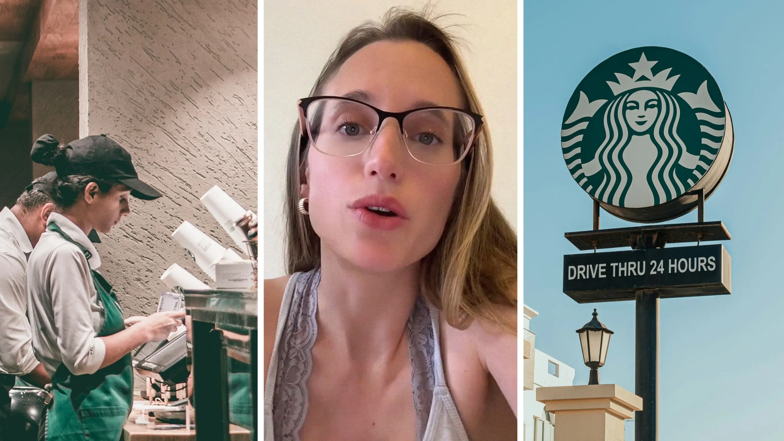 starbucks barista (l) woman shares starbucks experience (c) Starbucks drive-thru (r)