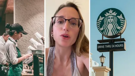 starbucks barista (l) woman shares starbucks experience (c) Starbucks drive-thru (r)