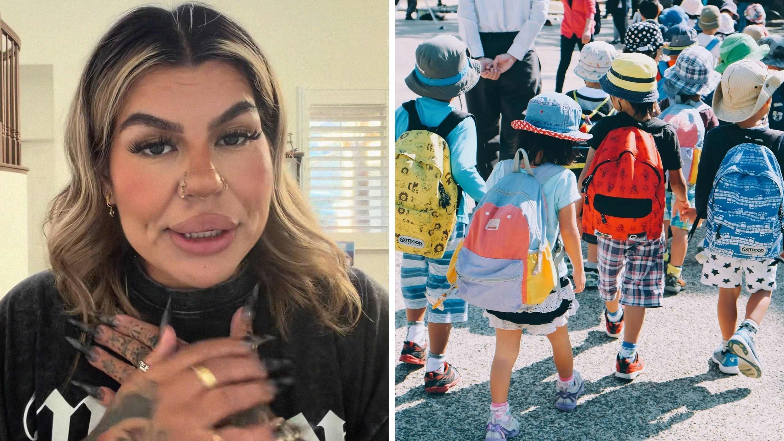 woman shares backpack design opinion (l) kids with backpacks (r)