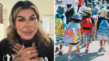 woman shares backpack design opinion (l) kids with backpacks (r)