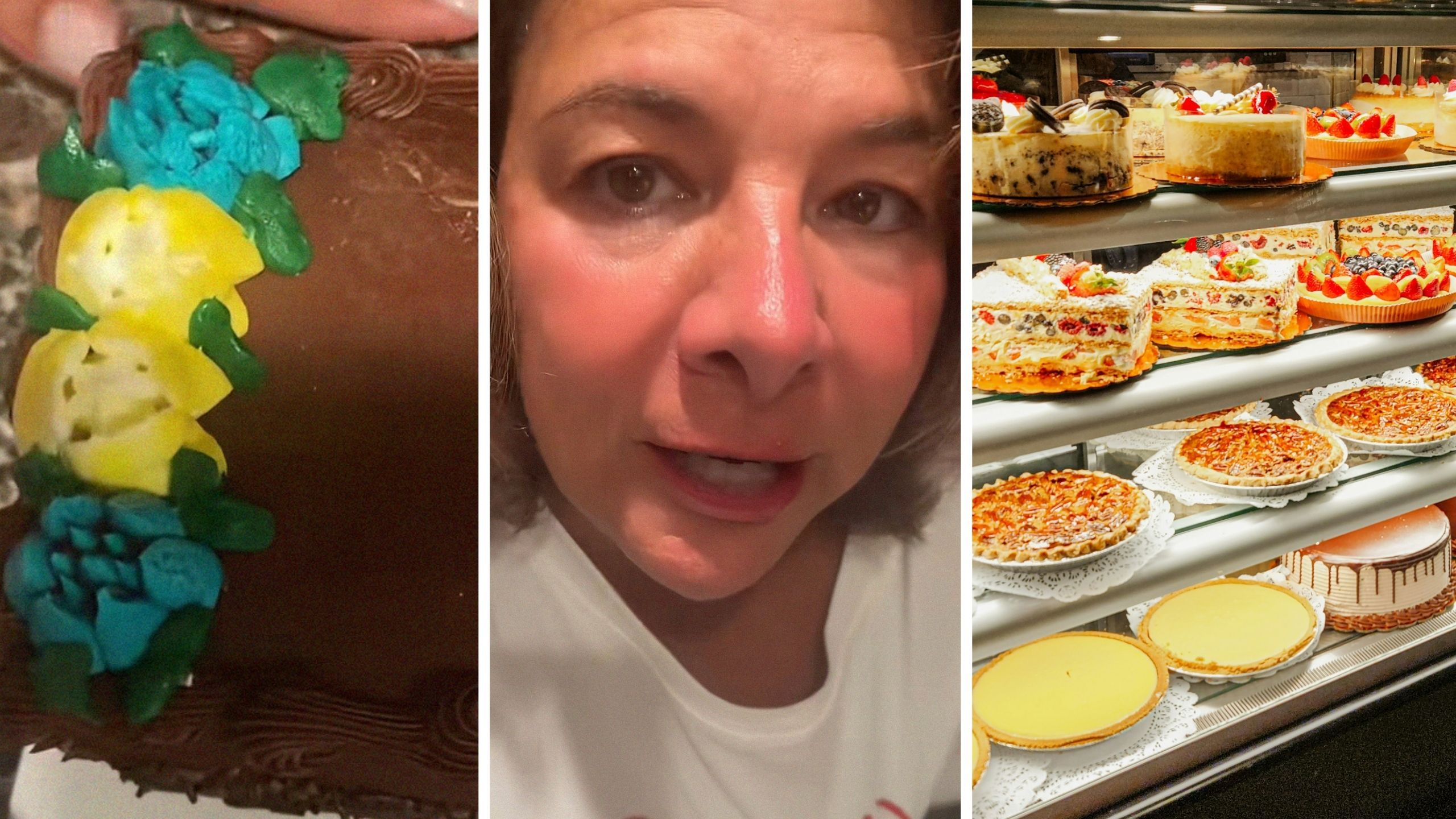 small birthday cake (l) woman shares cake purchase issue (c) bakery cake display (r)
