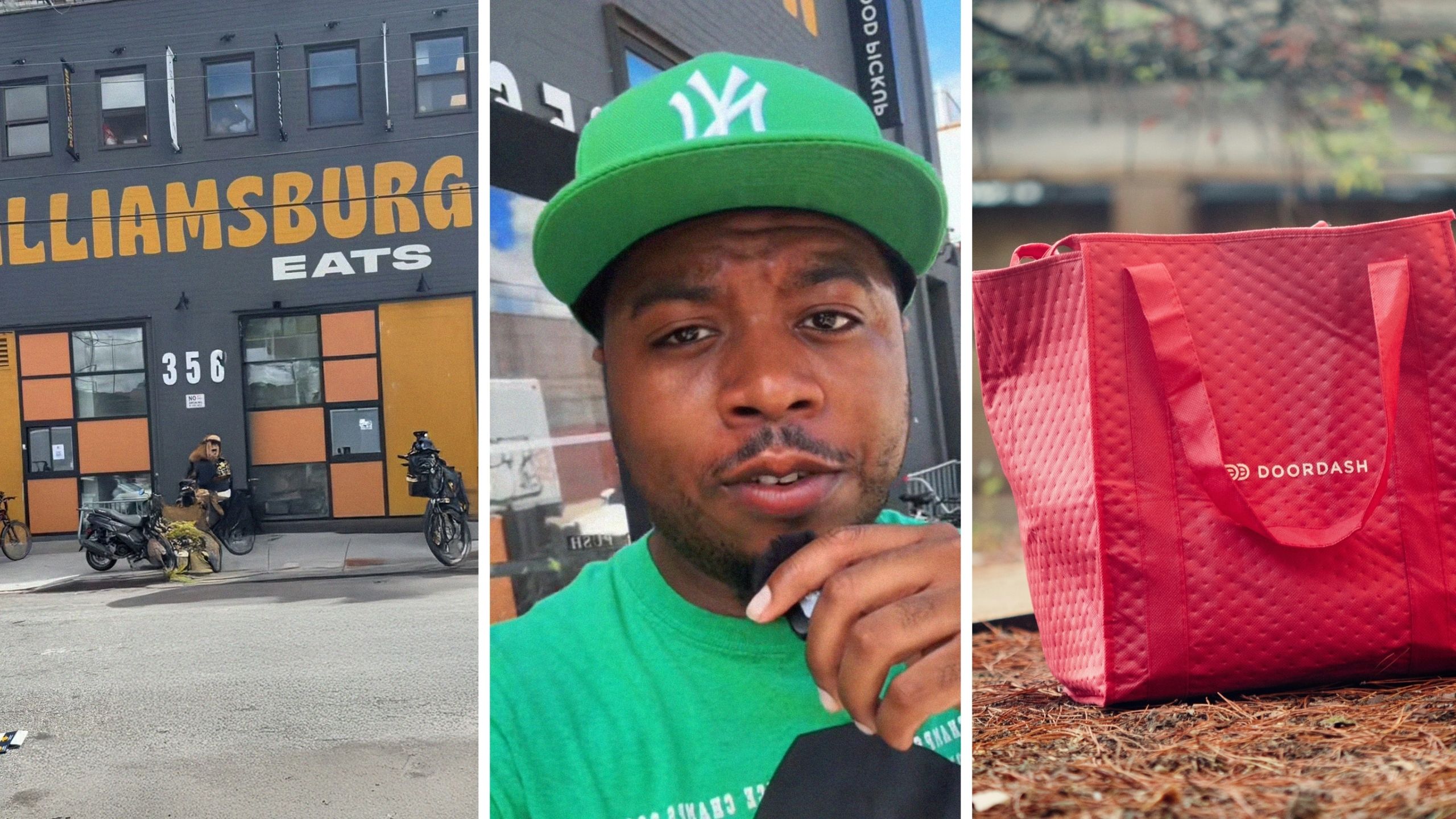 Restaurant entrance (l) man shares restaurant observation (c) Doordash delivery (r)
