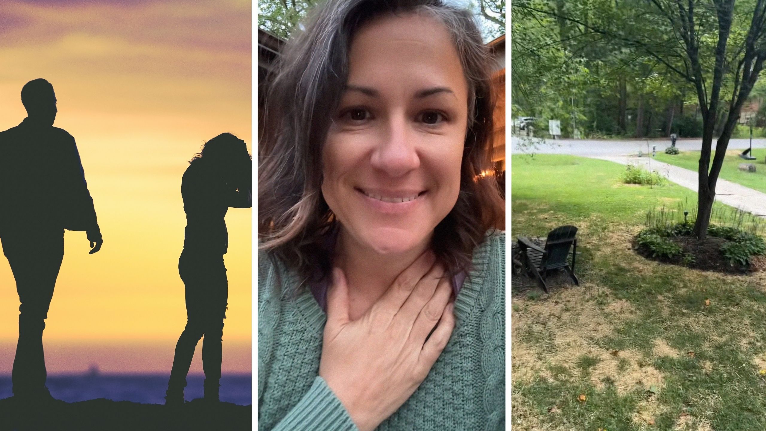 man dumps woman (l) woman shares ex-relationship issue (c) woman shows houses across from hers (r)