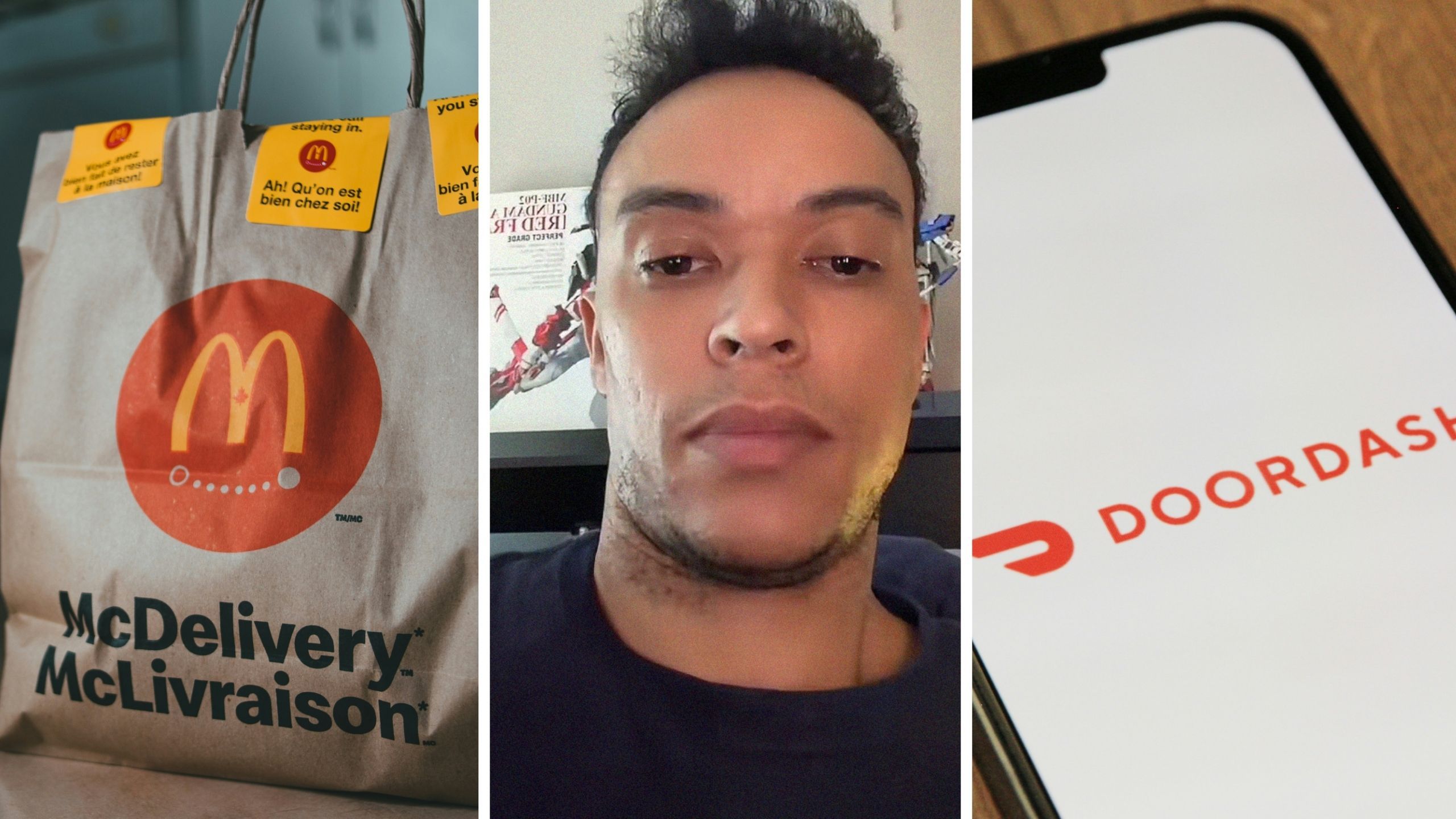 Mcdonalds food order (l) man shares doordash issue (c) doordash delivery app (r)