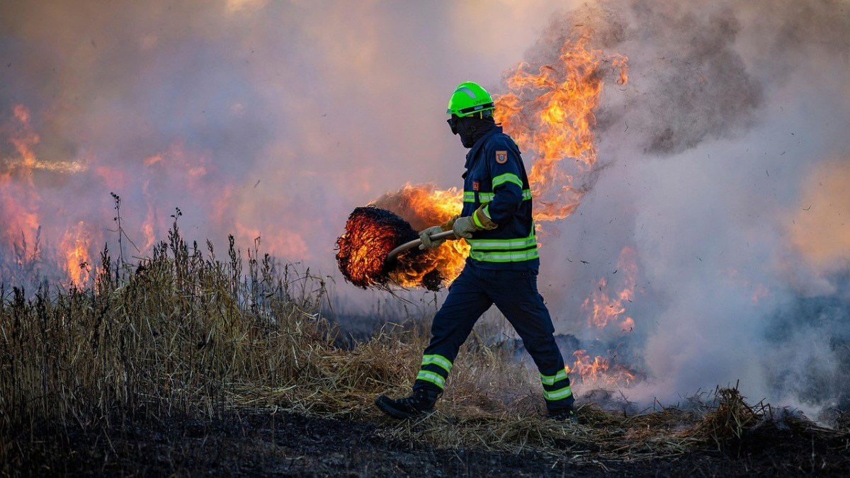 A firefighter tangles with a flaming tumbleweed.